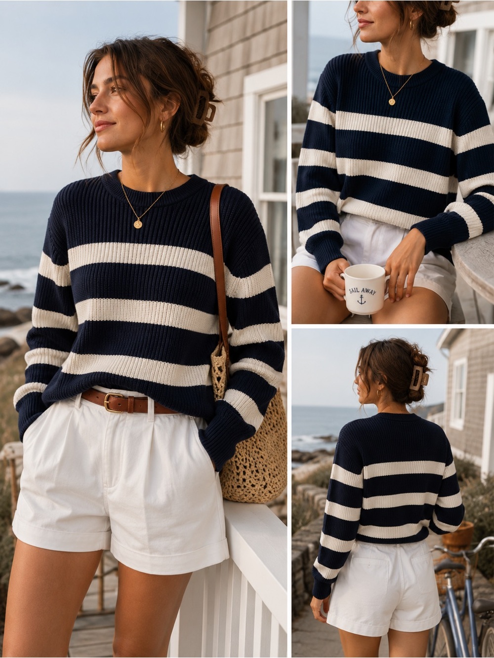 Zara Navy & White Striped Crewneck Knit Sweater Nautical Preppy Coastal L